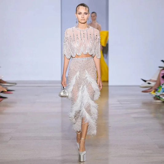 Slim-fit Silver Feather Evening Dress