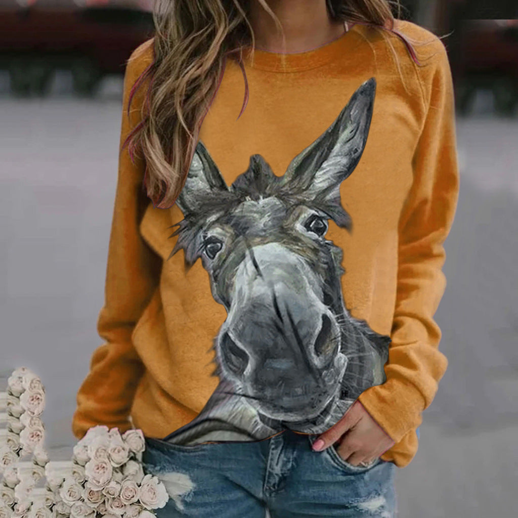 Loose Round Neck Donkey Head Floral Print Long Sleeve Pullover