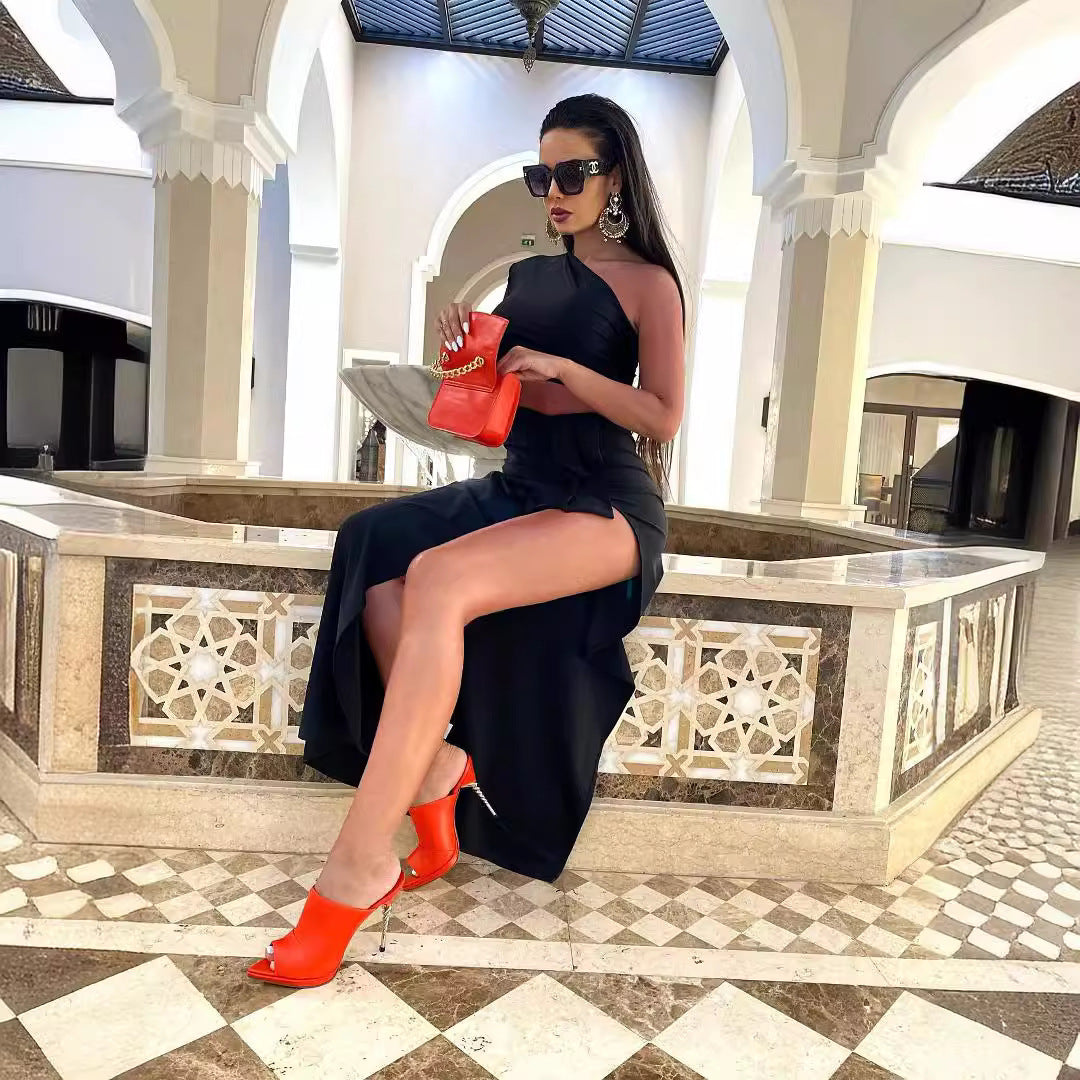 Women's Long Sleeved Hollow Elastic Shoulder Dress
