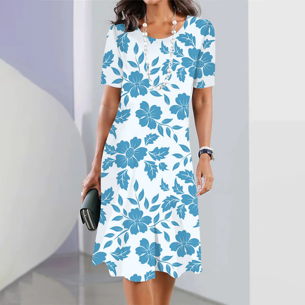 Floral Blue Round Neck Dress
