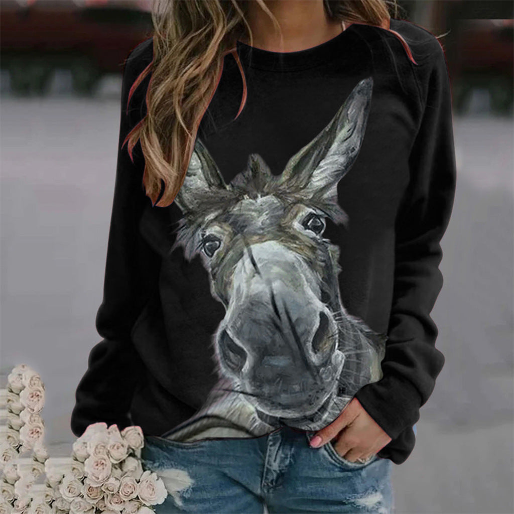 Loose Round Neck Donkey Head Floral Print Long Sleeve Pullover