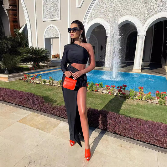Women's Long Sleeved Hollow Elastic Shoulder Dress