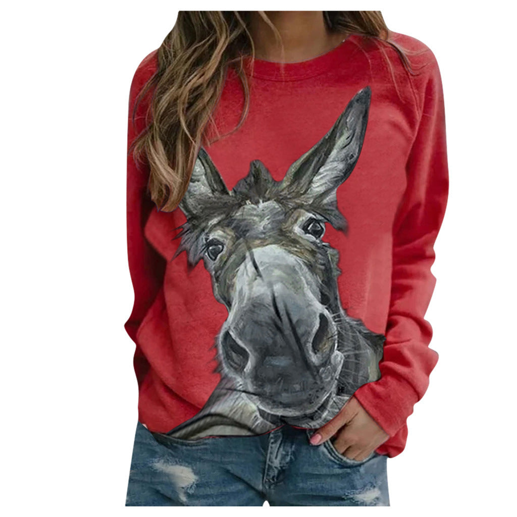 Loose Round Neck Donkey Head Floral Print Long Sleeve Pullover