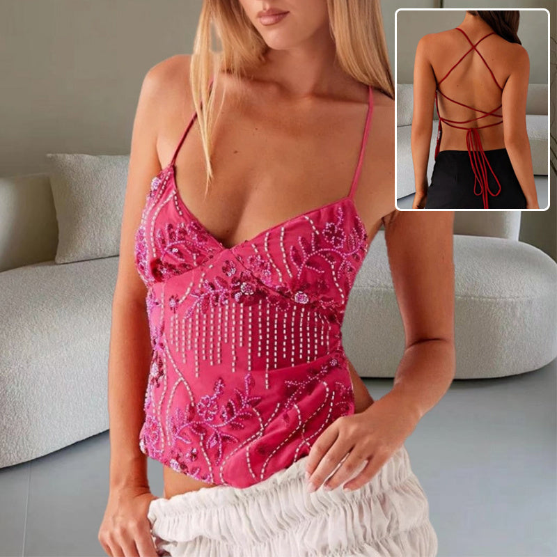 V-neck Flower Beaded Backless Vest