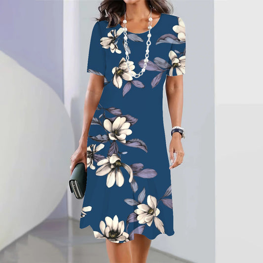 Floral Blue Round Neck Dress