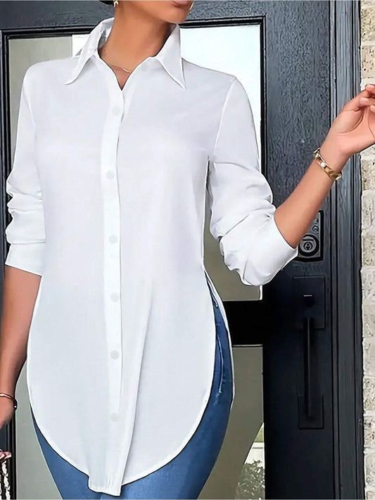 Timeless Style: Plus Size Maxi Button-Down Shirt – Long Sleeve V-Neck with Side Slit