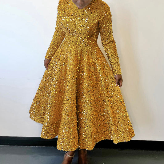 Women's Pure Color Sequins Mid-length Formal Dress
