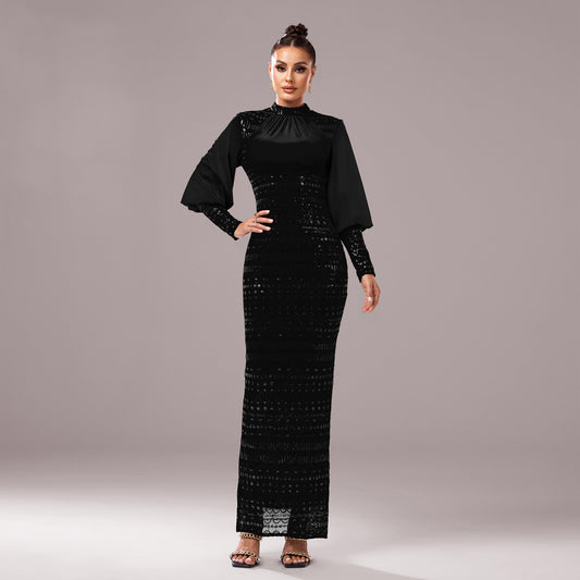 Long Sleeve Round Neck Sequins Evening Dress