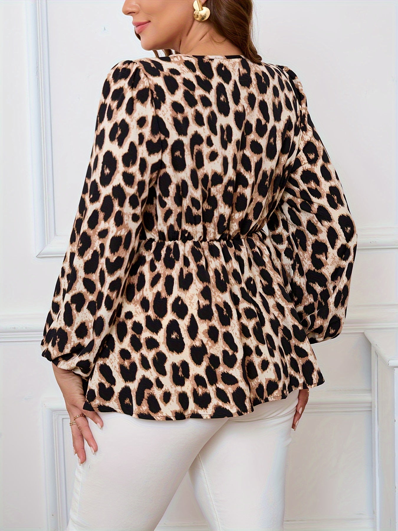 Leopard Luxe: Plus Size Tie-Up Blouse – V-Neck Long Sleeve Spring Casual Top